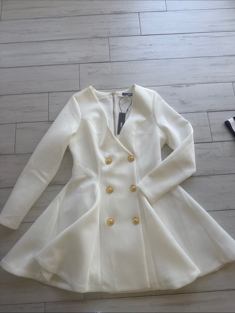 Fashion Nova Cream Double-Breasted Fit & Flare Long Sleeve Dress
